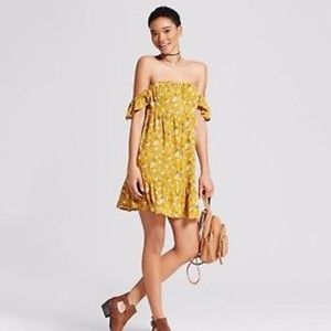 Off shoulder mustard yellow floral target dress